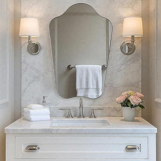 ANDY STAR Brushed Nickel Bathroom Mirror, 24x36 Scalloped Wall Mirror for Vanity, Asymmetrical Shaped Mirror for Entryway, Bedroom, Anti-Rust Stainless Steel Frame