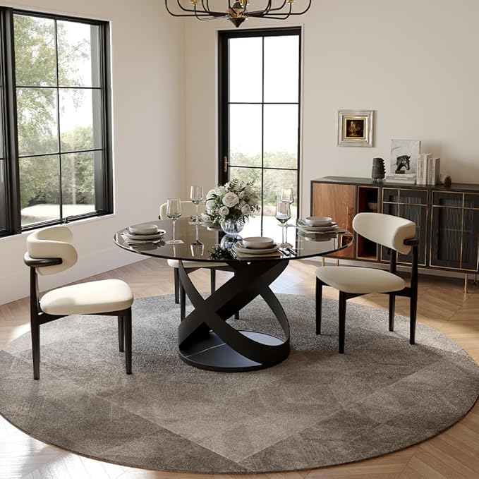 POVISON 51" Modern Round Dining Table, Glass Round Kitchen Table for 4, Tempered Glass Dining Room Table top with Black X Carbon Steel Base (Dining Table Only)