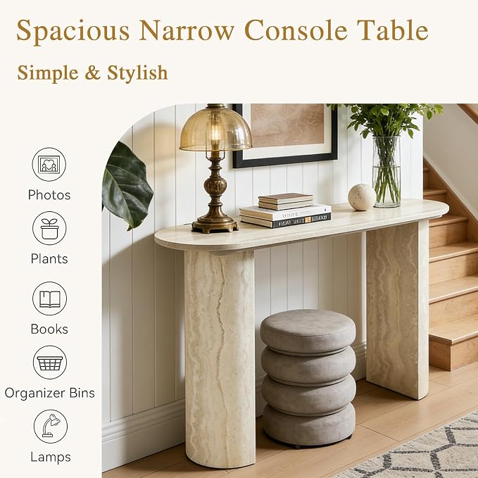 Faux Mars Marble Pattern Console Table, 55.12" Skinny Long Sofa Table Behind Couch with Rounded Edges, Wooden Narrow Sofa Table Hall Table for Living Room Foyer Entrance Hallway, Marble