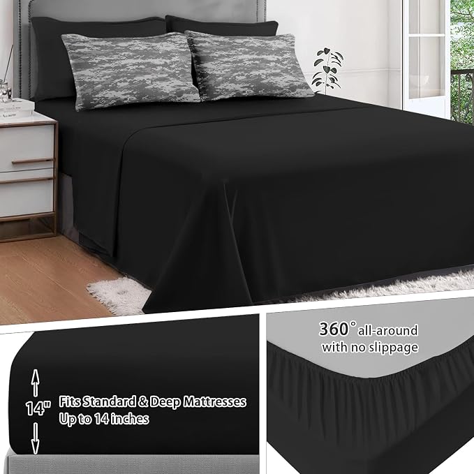 5Pcs Comforter Set Twin Size, Gray Camouflage Digital Camo Army Military, Bedding Decor Navy Brown Us Black White Bedroom Bed Set Flat Sheet Fitted Sheet Pillowcases Shams for Kids Adults