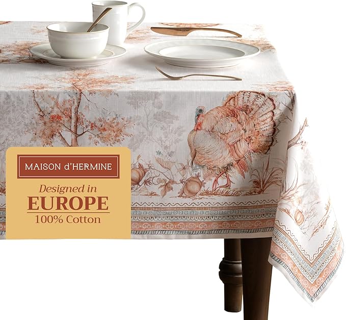 Maison d' Hermine Table Cloth Rectangle Table 100% Cotton 70 x 108 Inches Fall Tablecloth Reusable Everyday Use for Thanksgiving Christmas Decorations Dining Farmhouse Party (Giving Thanks)