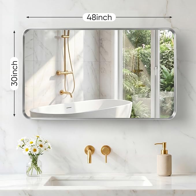 NEWBULIG 30X48 Inch Bathroom Mirror for Over Sink, Wall Vanity Mirrors Tempered Glass, Anti-Rust Metal Framed Rounded Rectangle, Hangs Horizontally or Vertically, Farmhouse Home Decor, Silvery