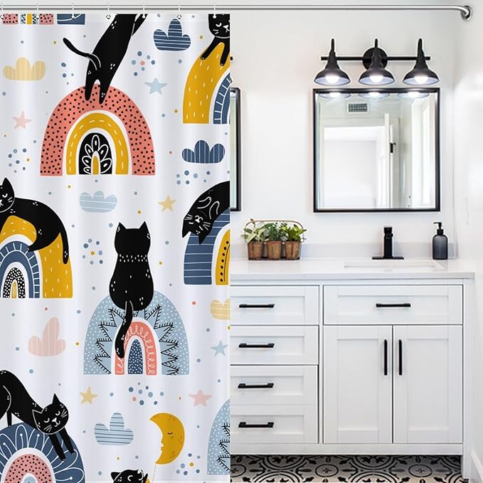 Boho Cats Shower Curtain Colorful Rainbow Black Cats Fantasy Pattern Duty Fabric Shower Curtains Set Bathroom Polyester Waterproof with 12 Hooks, 66x72Inch（168x183cm）