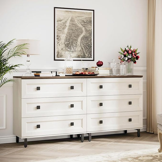 Modern White Dresser for Bedroom with 6 Drawers, 2 in 1 Wooden Chest of Drawers with Organizer Storage for Bed Room,Livingroom Hallway