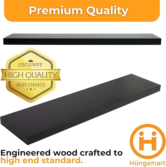 HÜNGSMART 48 Inch Wooden Floating Shelf – Supports 300lbs – 10 inch Deep - Carpenter Designed - Engineered Wood 4 foot Long - Black Stained Walnut Finish – Includes Laser Welded Precision Wall Bracket
