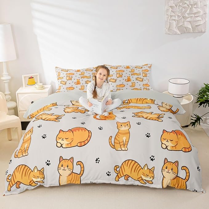 Erosebridal Cats Duvet Cover Twin Cute Kitten Bedding Set Cartoon Pets Animals Comforter Cover for Kids Girls Boys Adults Paw Print Bed Set