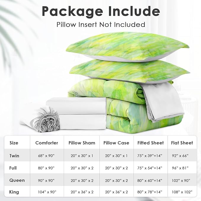 5Pcs Comforter Set Twin Size, Modern Cool Lime Green Abstract, Bed Decor Cold Light Citrus Wave Space Bedroom Bedding Set with Flat Sheet Fitted Sheet Pillowcases Shams for Kids and Adults