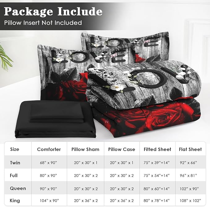 WeCozy 5 Pcs Twin Size Comforter Set with Pillowcase & Sham, Red Rose Flower Bedding for Kids and Adults, Summer Vintage Woodboard Wood Grain Bed in a Bag with Flat Fitted Sheet