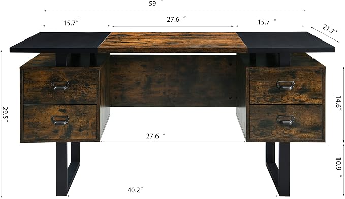 Computer Desk for Home Office with 4 Large Drawers, Rustic Wood Writing Study Table Metal Frame, 59” x 21.7” 29.5”, Color Block Desktop,Easy Assembly, Vintage and Black CTSZ20401CM