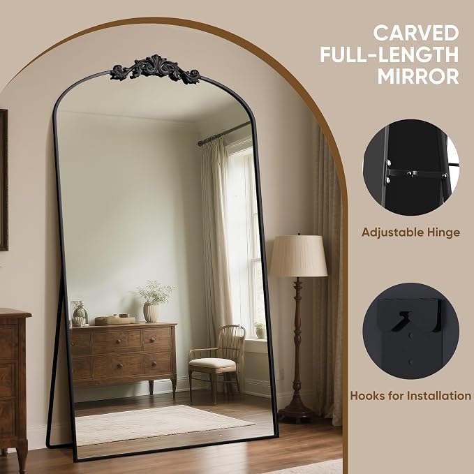 Antok Arched Full Length Mirror, 81"x41" Floor Mirror with Carved, Full Body Mirrors for HomeDecor, Standing/Halling Large Wall Mirror for Bedroom, Living Room, Cloakroom, Black, Retro Style