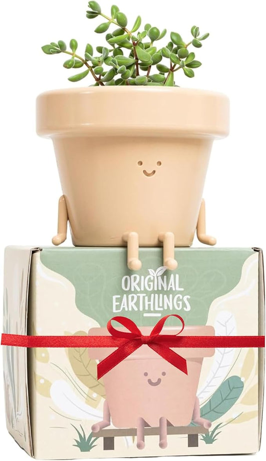 Original Earthlings Sitting Small Plant Pot - 4 Inch Cute Plant Pot - Succulent & Cactus Christmas Planters, Removable Drainage Plug, Cute Decor Plant Gifts for Plant Lovers, Teacher Gifts