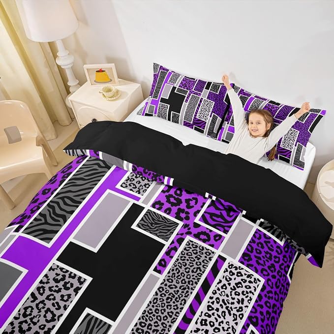 Erosebridal Leopard Print Comforter Cover Full Zebra Skin Texture Geometric Patchwork Bedding Set Purple Black Square Stripes Duvet Cover for Kids Teen Adults,Rustic Farmhouse Animal Bed Set