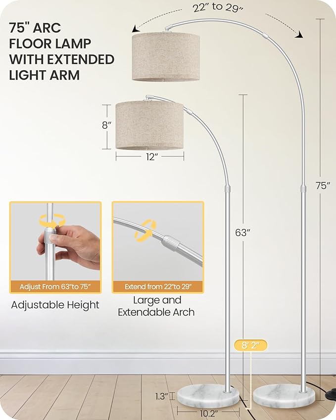 75" Arc Floor Lamp with Marble Base and Adjustable Height, Rotating Hanging Shade, Dimmable Floor Lamp for Living Room with Remote and Foot Switch, 3CCT, Beige Shade and Silver Pole SE15LD05N1