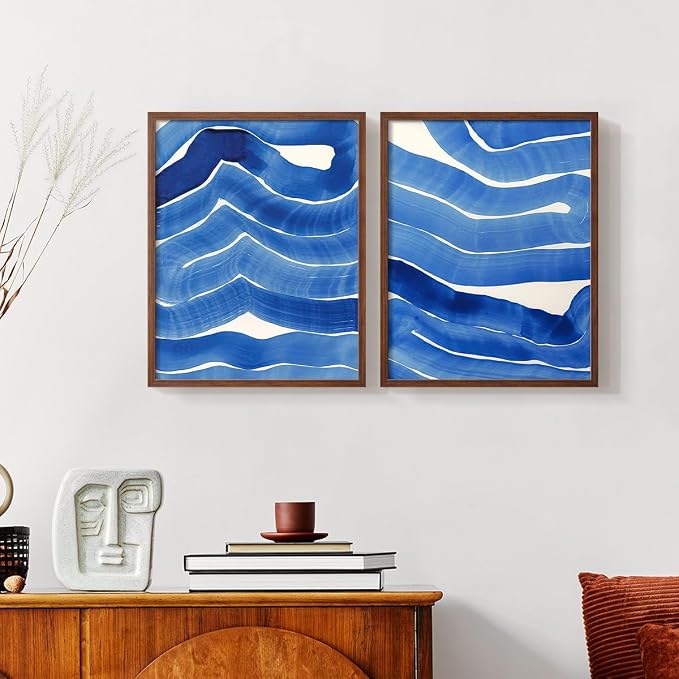 Renditions Gallery Set of 2 Peel & Stick Framed Prints, Watercolor Abstract Wall Art, Bold Brushstrokes in Shades of Blue Wall Decor, Re-Stickable - Ready to Hang - 16"x20" - Walnut Frame LT588