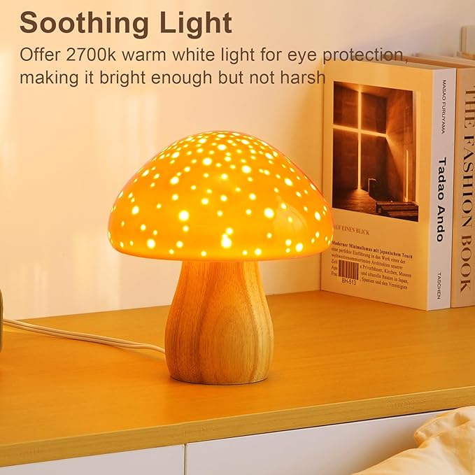 BOHON Mushroom Lamp, Ceramic Bedside Table Lamp for Bedroom Nightstand, Retro Vintage Orange Night Light, Small Aesthetic Lamp for Living Room Desk Home Decor, LED Bulb Included, Orange