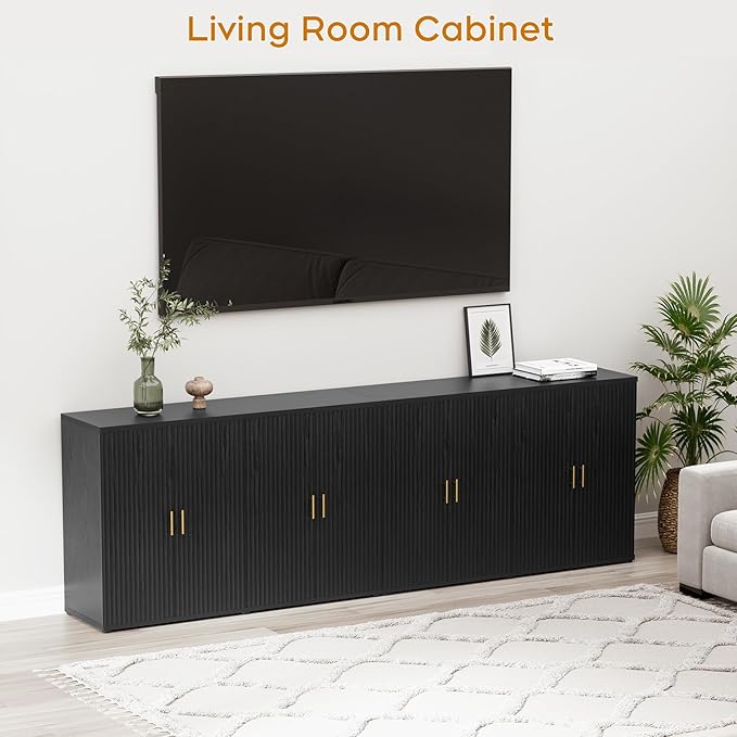 Yechen Black Accent Fluted Sideboard Buffet Cabinet with Storage and 4 Doors, Mordern Credenza Storage Cabinet with Adjustable Shelves, Media Console Table, for Living Room Dinning Entryway Kitchen