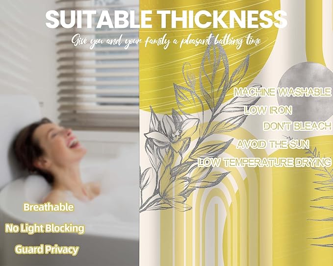 Mustard Yellow Shower Curtain Boho Mid Century Light Yellow and Grey White Shower Curtains for Bathroom Decor, Waterproof Cloth Fabric with Hooks, 70" W x 72" L