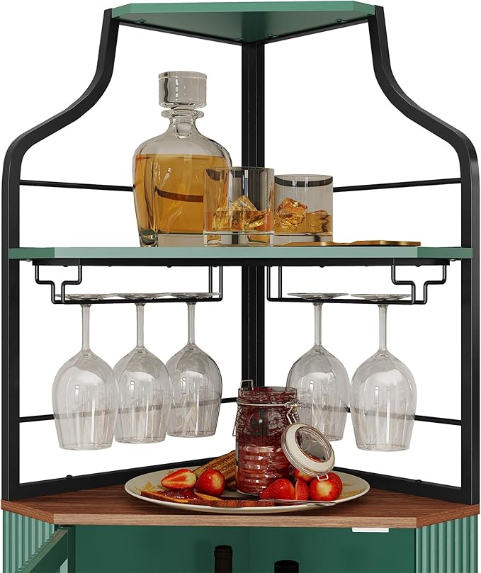 ARTPOWER Corner Bar Cabinet with LED Strip, 4-Tiers Modern Corner Coffee Bar with Glass Holder, Fluted Tall Liquor Cabinet for Kitchen, Dining Room, Living Room, Green