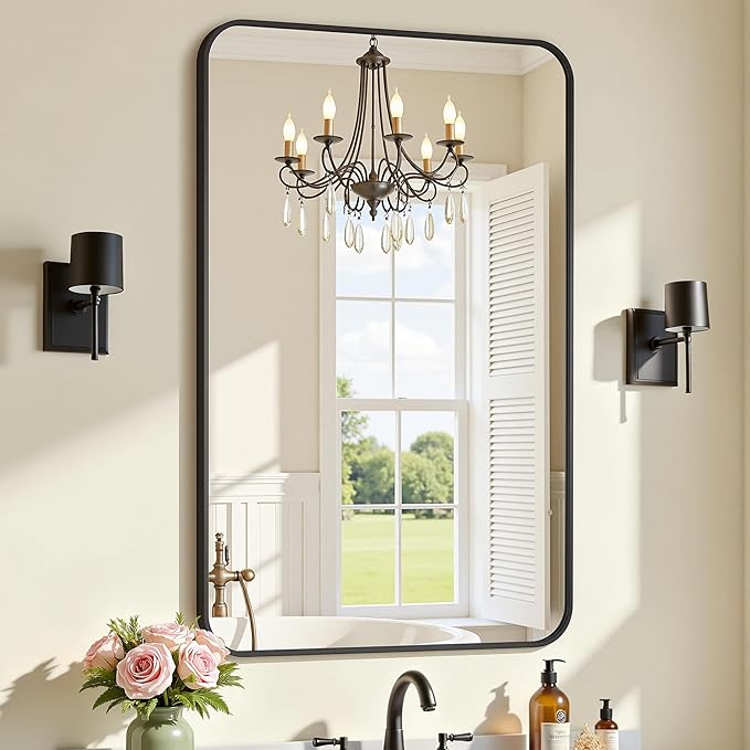 Bathroom Mirrors for Over Sink 24" x 36", Black Metal Frame Rounded Corner Rectangle Wall Mirror, Modern Farmhouse Vanity Mirror(Horizontal/Vertical)