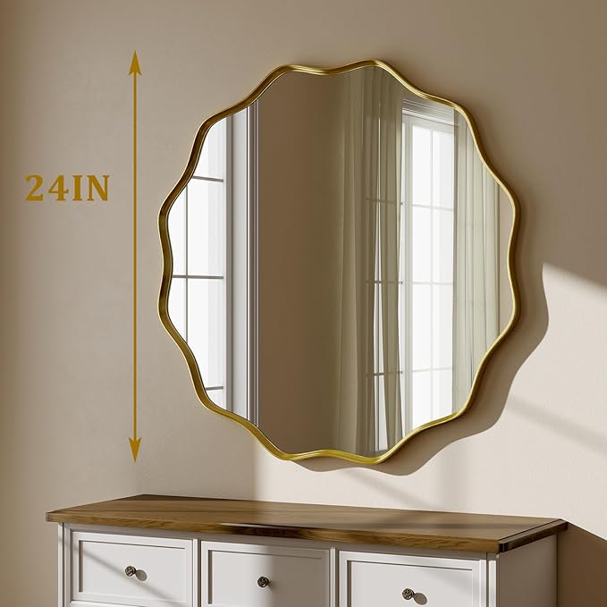 Round Wavy Mirror - 24 Inch Bathroom Vanity Mirror Metal Frame Circle Wall Mounted Mirror for Bedroom Living Room Entryway, Gold
