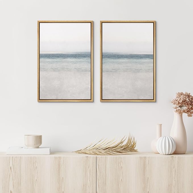 IDEA4WALL Framed Canvas Print Wall Art Set Abstract Beach Shore Ocean Wave Horizon Nature Wilderness Illustrations Modern Art Decorative Coastal Cottage Seascape for Bedroom - 16"x24"x2 Natural