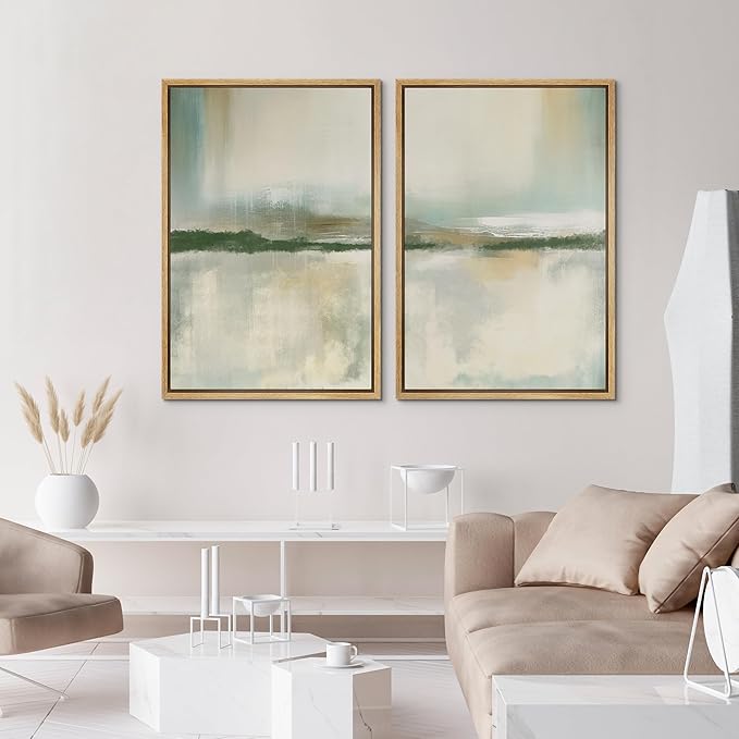 IDEA4WALL Framed Canvas Print Wall Art Set Serene Lake Landscape Abstract Illustrations Modern Art Decorative Coastal Cottage Seascape for Bedroom - 16"x24"x2 Natural