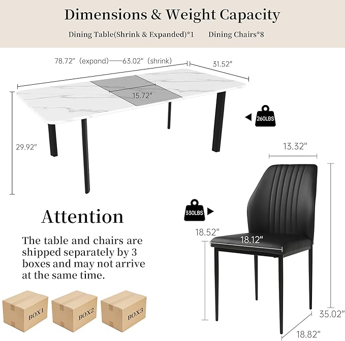 Extendable Dining Table Set for 6-8 People, 63 to 78.7 Inch MDF Kitchen Table with 8 Faux Leather Dining Chairs, Space-Saving for Dining Room, Breakfast Nook (White Table & 8 Black Chairs)