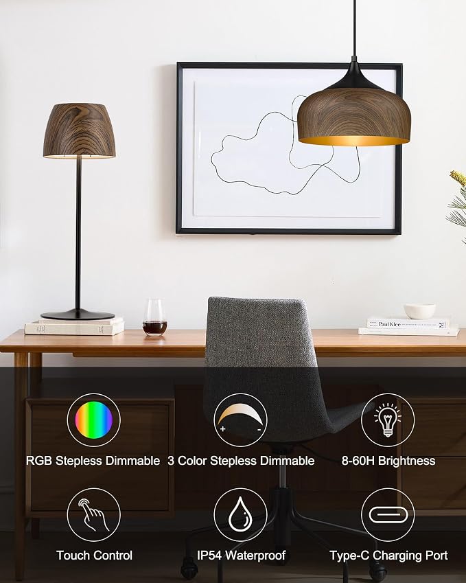 ELYONA 2 Pack Cordless Table Lamp, LED Walnut Wooden Desk Lamps RGB & 3 Color Stepless Dimming Waterproof Rechargeable 4000mAh Battery Operated for Restaurant Bedroom Outdoor Office Night Light Black