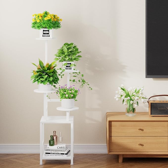Homsorout Plant Stand Indoor with Grow Light, 5-Tiered Tall Plant Stand Indoor, Metal Plant Shelf with Adjustable Light, Ideal for Living Room, Garden, Round Patio white