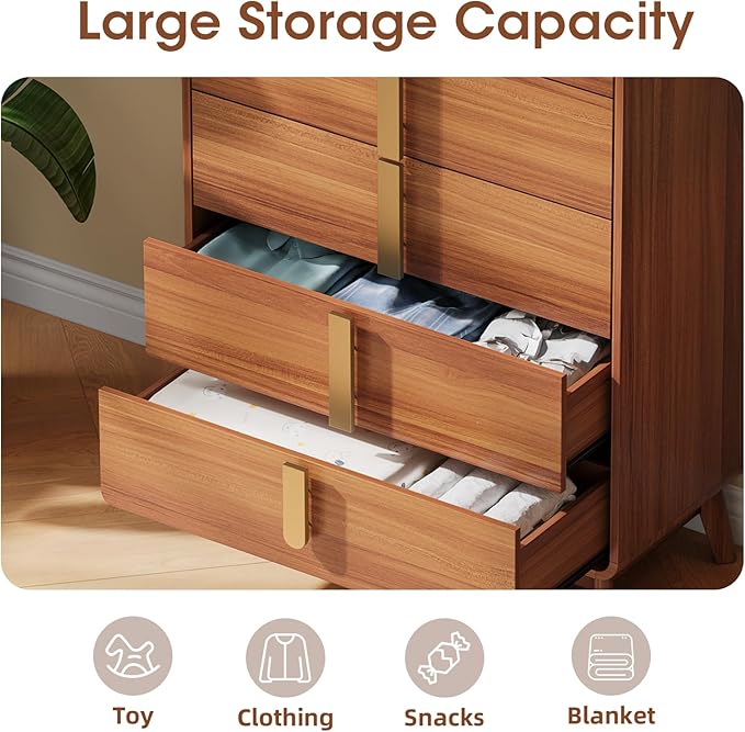 Mid Century Modern Bedroom Sets, 5 Drawer Dresser and Nightstand Sets for Bedroom, Night Stand Set 2 & 5 Drawer Dresser with Gold Handles, Wood Chest of Drawers Storage Cabinet Set, Cherry