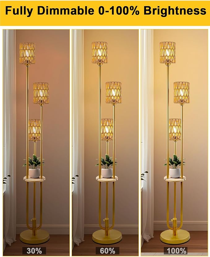 Lightdot Dimmable Boho Floor Lamps for Living Room, 3-Lights Rattan Floor Lamp with Shelves, Farmhouse Floor Lamp, Rustic Gold Standing Lamp with Warmwhite Bulbs Included for Sofa Beside/Corner Decor