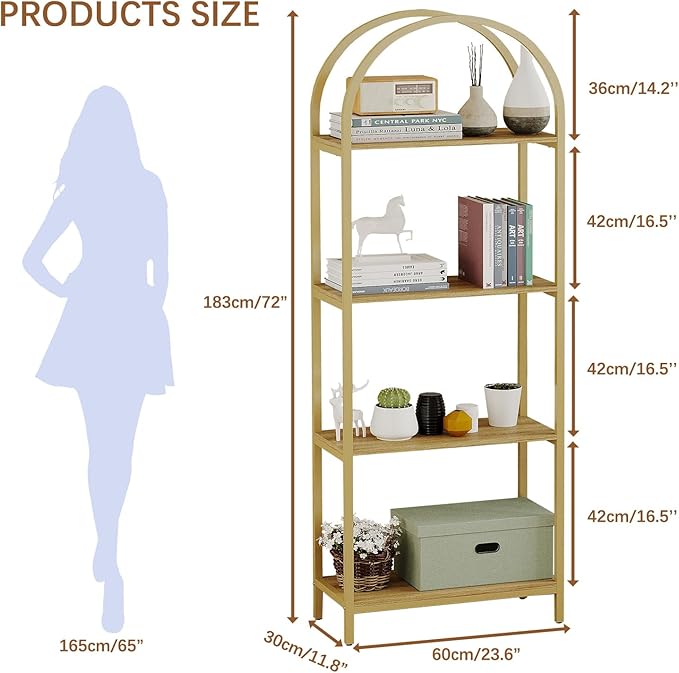 Bookshelf Arched Bookcase, Industrial 4-Tier Open Shelves with Metal Frame, 72" Tall Freestanding Storage Display Rack for Home Office, Living Room, Gold & Nature Wood, Easy Assembly
