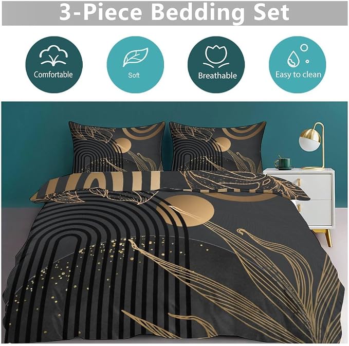 Mid Century Leaf Bedding Set,Dark Black Gold Abstract Tropical Plant Minimalist Modern Geometric Palm Leaf Simple Comforter Duvet Cover Set with Pillowcase for Bedroom Bed Decor,Queen 90"x90"