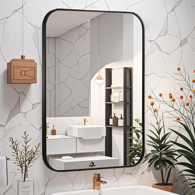 Matte Black Mirror, 24"x36" Rectangle Bathroom Mirror, Metal Frame Rectangle Corner Vanity Mirror, Wall Mounted Mirror for Modern, Living Room, Bedroom, Horizontal Or Vertical