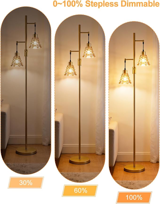 2-Light Modern Glass Floor Lamp, Gold Standing Tall Lamp with Amber Shell Glass Shade, Dimmable LED Floor Lamp with 5Lbs Heavy Base for Living Room Bedroom Home Decor, Bulb Included
