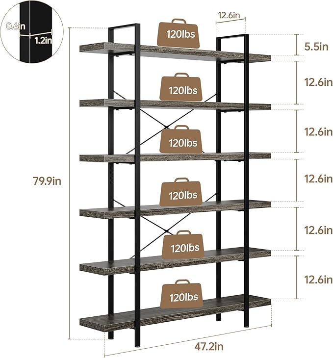 Bookshelf Set, Heavy Duty 6-Tier Industrial Bookcase, 47" Wide Wood Bookshelf for Home Office, 120lbs Shelf Capacity, Rustic Open Display with Horizontal Shelf for Living Room Bedroom, Grey