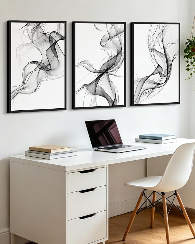 KUVIOKE Black White Abstract Framed Canvas Wall Art Ink Wash Pastel Wall Decor Modern Transparent Fog Illustration Art Painting for Bedroom Dining Room 24x36in (Black Framed)