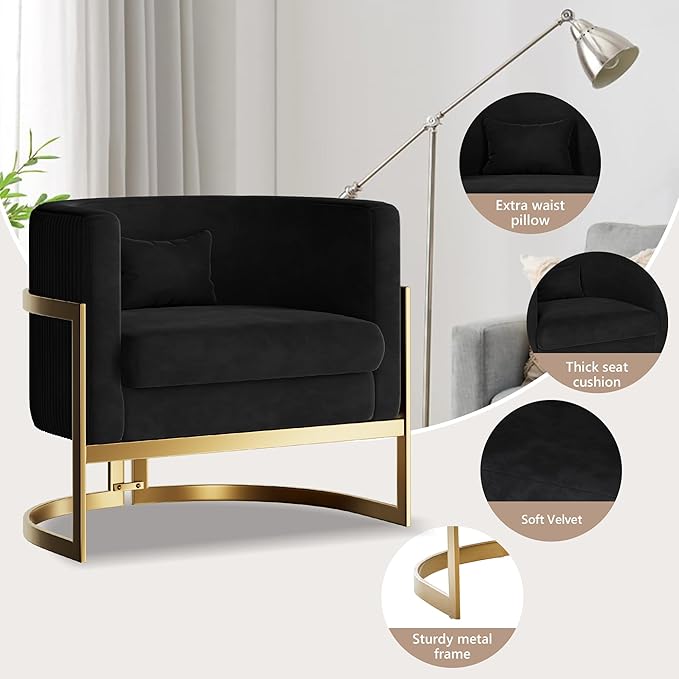 Velvet Accent Chair Gold Modern Barrel Chair Upholstered Arm Chairs for Bedroom Living Room Sofa Chair Club Chairs Black