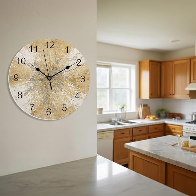 Yellow Round Wall Clocks 14 Inch Abstract Yellow Sunburst Vignette Splatter Style Industrial Silent Non-Ticking Battery Operated PVC Clock for Wall Home Decor Kitchen Living Room Bedroom Office