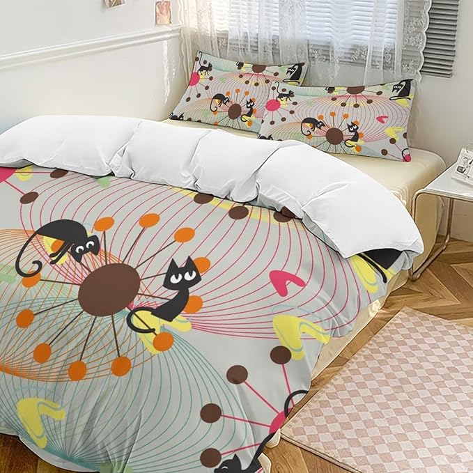 Mid Century Duvet Cover Sets Vintage Black Cat Modern Style Printed Lightweight Soft Quilt Cover Abstract Geometric Minimalist Soft Microfiber 3 Piece (1 Duvet Cover 90x102in + 2 Pillow Sham 20x30in)
