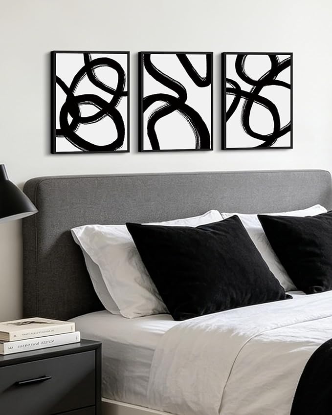 KUVIOKE Black and Grey Abstract Framed Wall Art Minimalist Ink Wash Lines Painting Artwork for Bedroom Hallway 11x14in (Black Framed)
