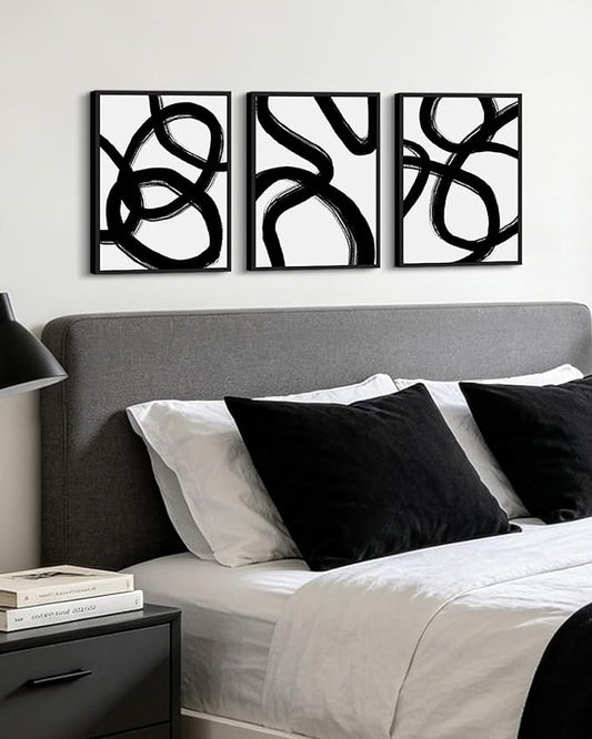 KUVIOKE Black and Grey Abstract Framed Wall Art Minimalist Ink Wash Lines Painting Artwork for Bedroom Hallway 11x14in (Black Framed)