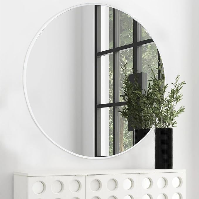 Tanmicoshomy Large Round Mirror 36 inch, White Wood Framed Circle Wall-Mounted Bathroom Mirror with Tempered Glass-Shatterproof for Entryway, Living Room or Bedroom