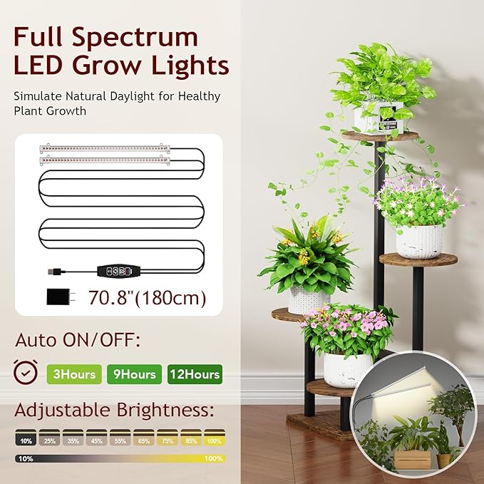 Homsorout Plant Stand Indoor with Grow Light,4-Tiered Tall Plant Stand Indoor, Metal Plant Shelf with Adjustable Light, Ideal for Living Room, Garden, Patio (Black Brown)