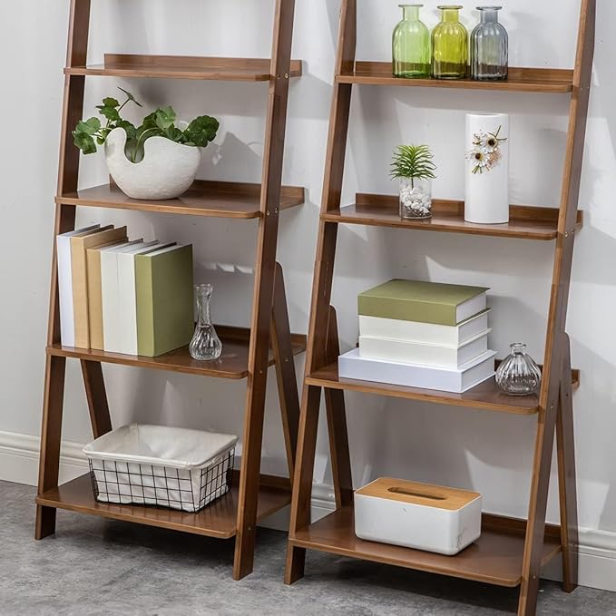 Maydear Bamboo Ladder Shelf Bookcase, 4-Tier Leaning Bookshelf Free Standing Organizer Storage Shelves for Living Room, Bedroom, Kitchen, Home Office, Balcony (Dark Walnut)