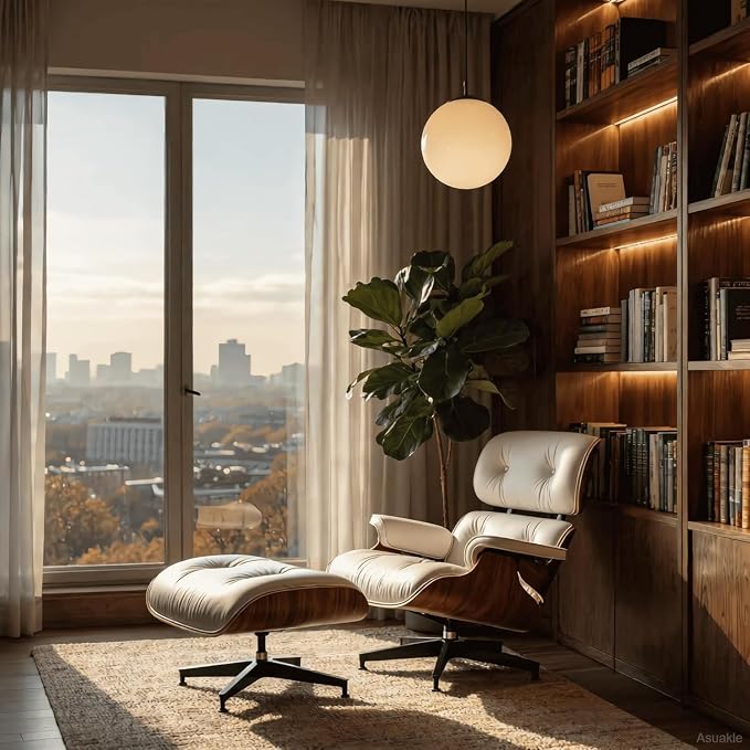 Top Grain Leather,Mid Century Chaise Lounge Chair and Ottoman, Reading Chair, Leather Accent Chair, Modern Chair, Classic Design, Heavy Duty Base Support for Living Room Lounge Office