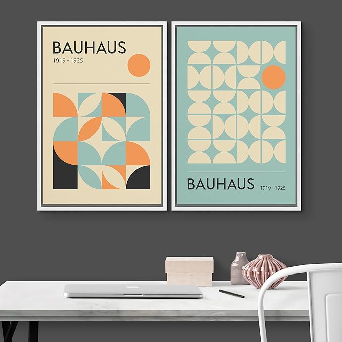 IDEA4WALL Framed Canvas Print Wall Art Set Bauhaus Geometric Blue Orange Polygon Collage Abstract Shapes Illustrations Modern Art Decorative for Living Room, Bedroom, Office - 16"x24"x2 White