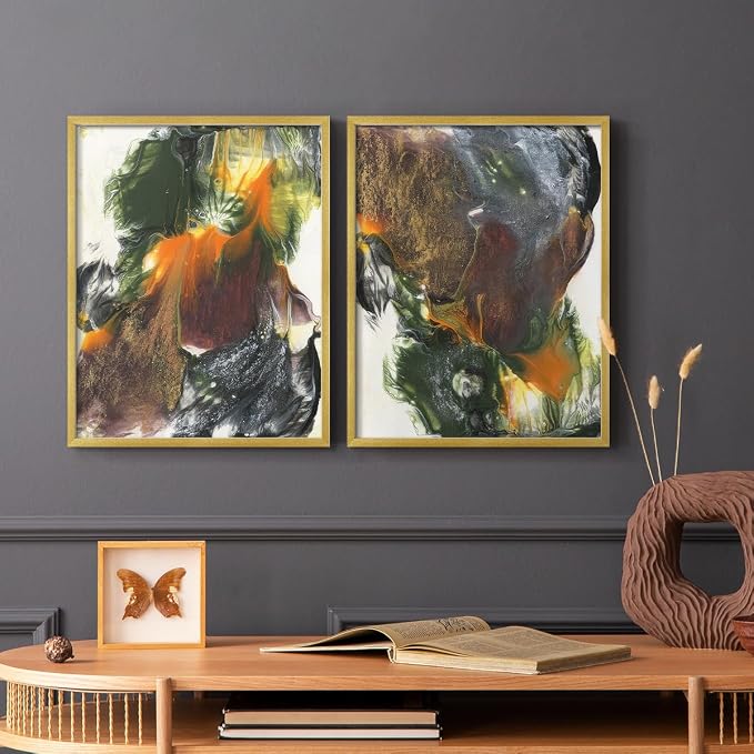 Renditions Gallery Set of 2 Peel & Stick Framed Prints, Watercolor Abstract Wall Art, Colorful Fluid Design Wall Decor, Re-Stickable - Ready to Hang - 11"x14" - GOLD Frame LT588