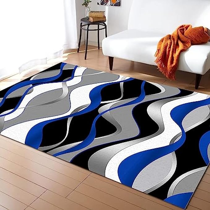 Light Luxury Blue Black White and Gray Wavy Texture Art Indoor Rugs, Modern Nordic Print Area Rug, Non Slip Absorbent Easy Clean Washable Floor Mat for Living Room Bedroom Entryway-4x5ft