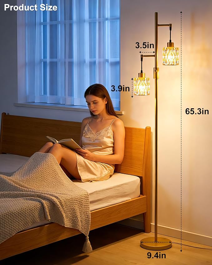 2-Light Glass Floor Lamp, 65IN Tall Standing Lamps Dimmable with Amber Glass Lampshade, 3000K Warmwhite Mid Century Modern Floor Lamp with 5Lbs Heavy Base for Living Room/Bedroom